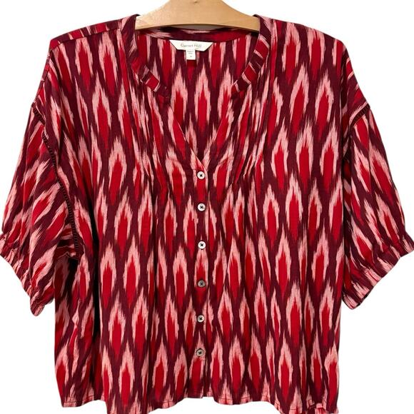 Garnett Hill | Top Ikat Short Sleeve V Neck Cotton Button Front- Size Medium - Picture 1 of 9